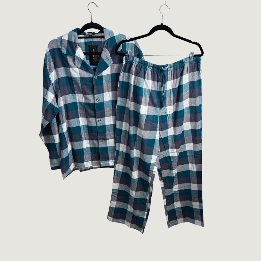 Alexander Del Rossa Pajama Set Teal Grey Plaid 100% Cotton Cozy Cabin Lounge L
